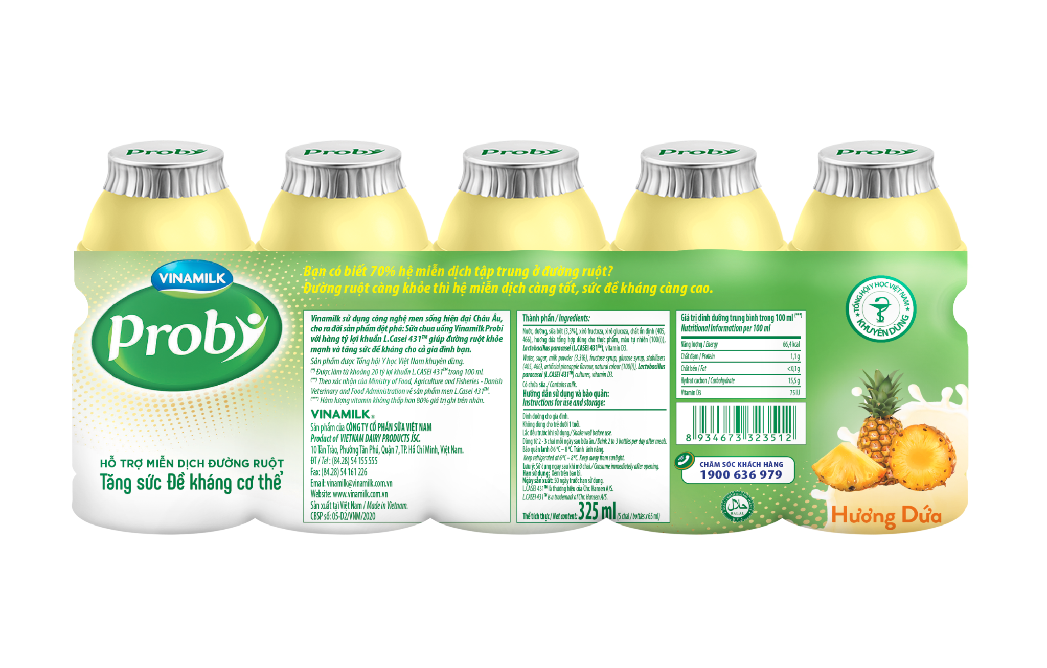 SỮA CHUA UỐNG MEN SỐNG VINAMILK PROBI HƯƠNG DỨA LỐC 5 CHAI X 65ML